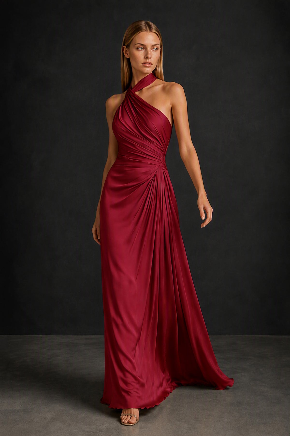 BOLODOO Burgundy Twisted Halter Neck Ruched Sleeveless Open Back Floor-Length Gown - Burgundy