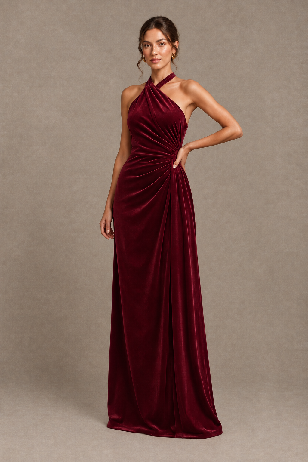 BOLODOO Burgundy Velvet Halter Neck Open Back Evening Gown - Burgundy