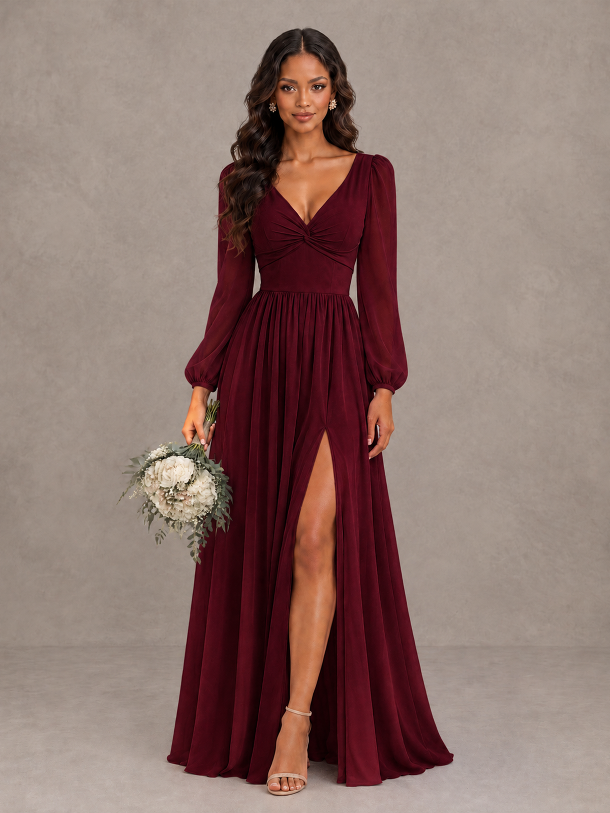 BOLODOO Burgundy V-Neck Long Sleeve Bridesmaid Dress with Tie Back and Slit - Burgundy - Burgundy_1