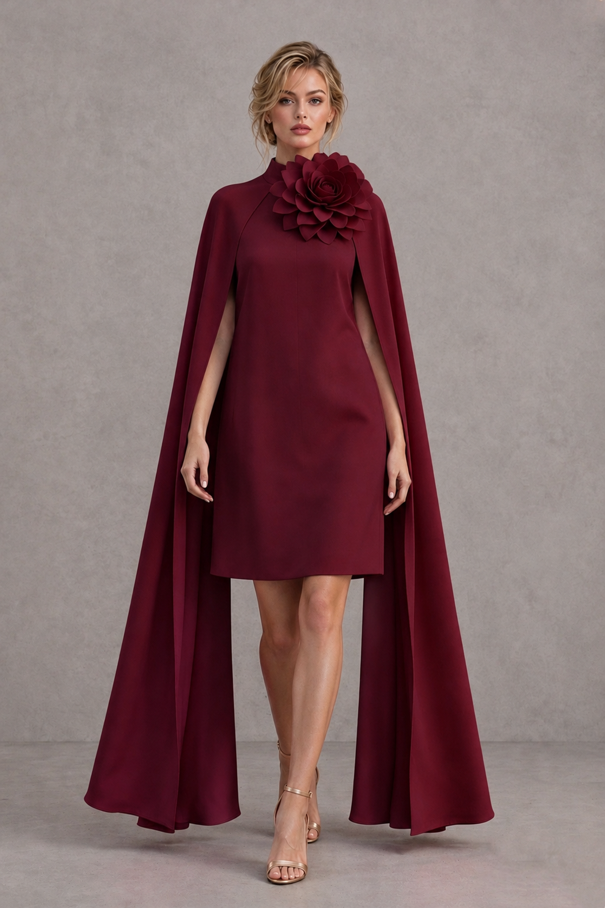 BOLODOO Burgundy High Neck Floral Cape Mini Cocktail Dress - Burgundy - Burgundy_1