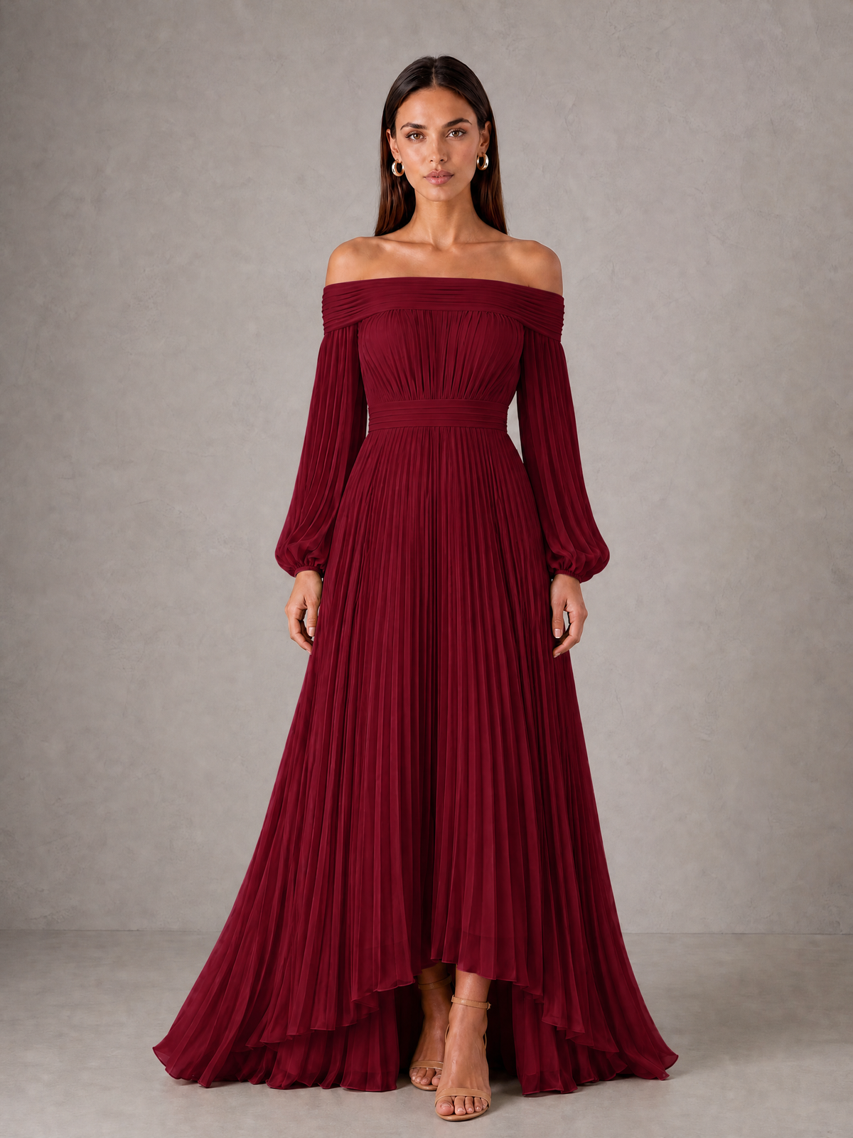 BOLODOO Burgundy Off-Shoulder Long Sleeve Pleated High-Low Dress - Burgundy - Burgundy_1