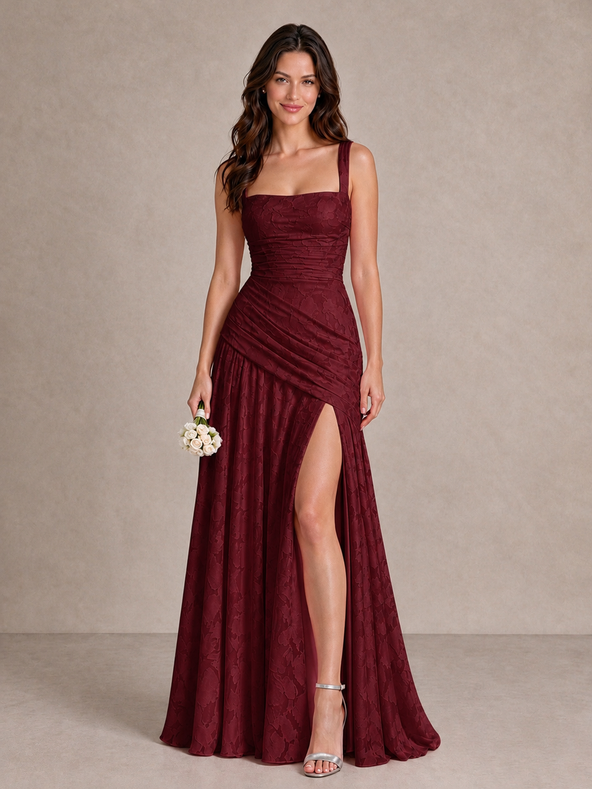 BOLODOO Burgundy Floral Jacquard Bridesmaid Dress with Square Neck, Lace-Up Back & High Slit - Burgundy - Burgundy_1