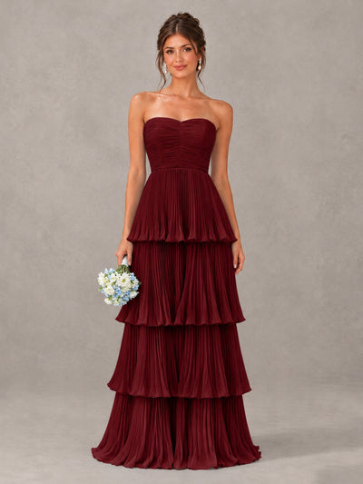 BOLODOO Burgundy Strapless Tiered Pleated Bridesmaid Dress - Burgundy - Burgundy_1