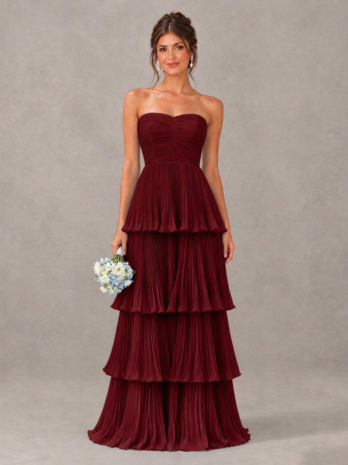 BOLODOO Burgundy Strapless Tiered Pleated Bridesmaid Dress - Burgundy - Burgundy_1