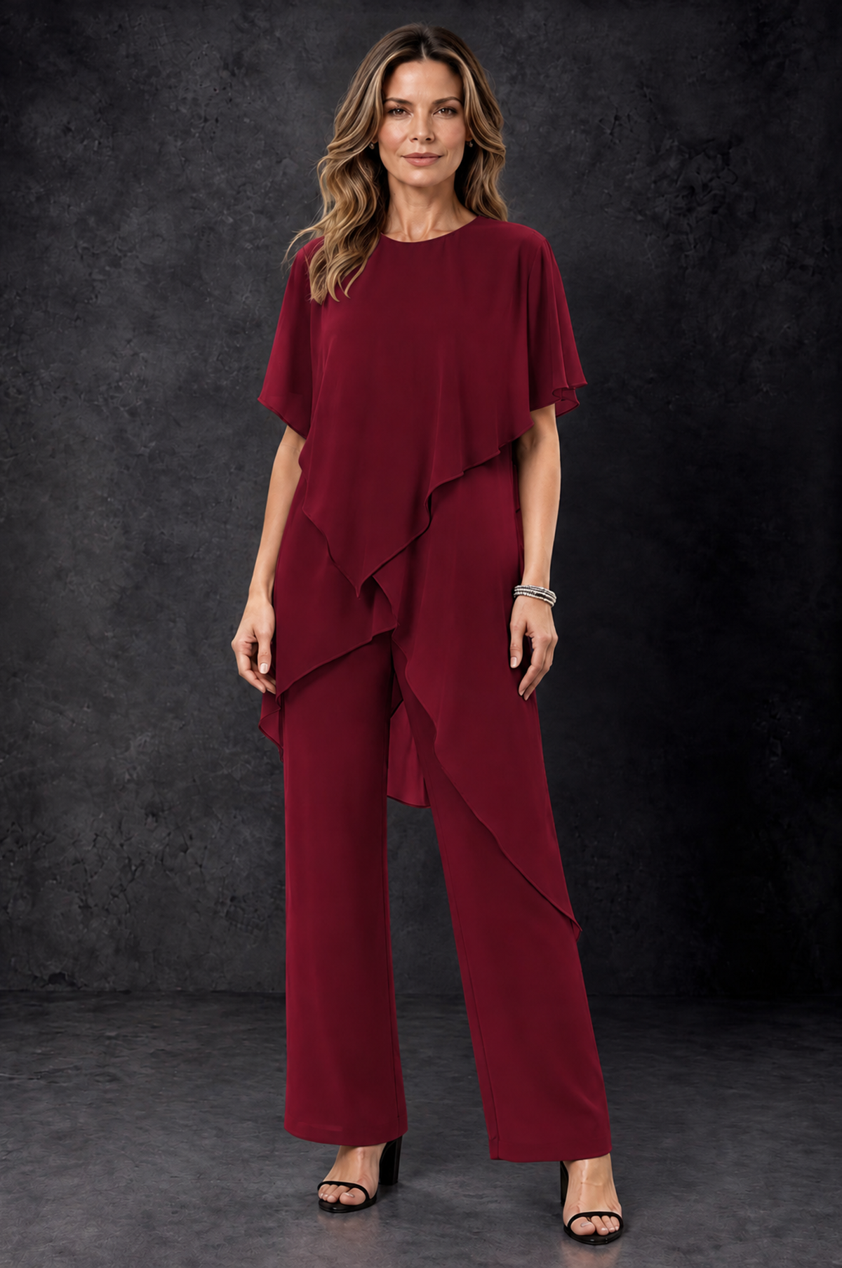 BOLODOO Burgundy Chiffon Two Piece Mother of the Bride Pant Suit - Burgundy - Burgundy_1