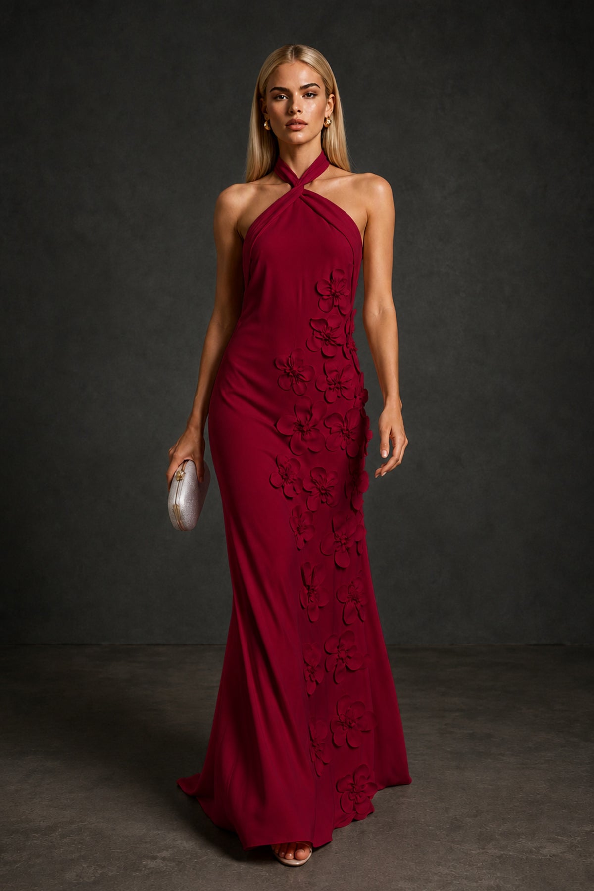 BOLODOO Burgundy Cross Halter Neck 3D Floral Appliqué Backless Mermaid Maxi Gown - Burgundy