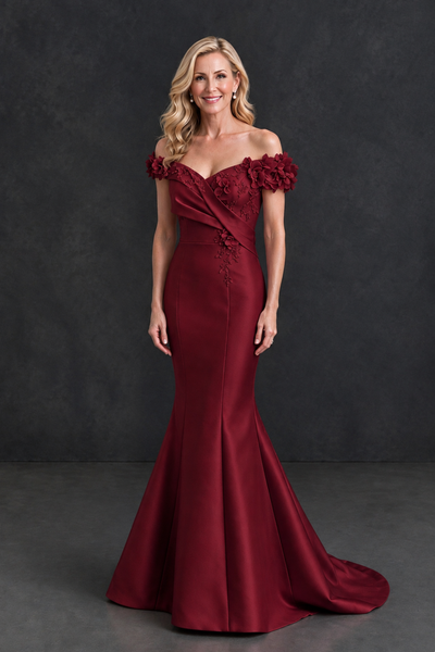 BOLODOO Burgundy Off-Shoulder Floral Mermaid Mother of the Bride Dress - Burgundy - Burgundy_1