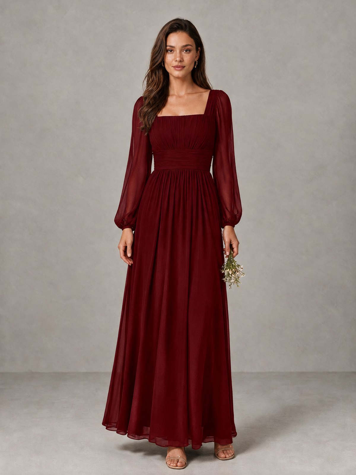 BOLODOO Burgundy Square Neck Long Sleeve Chiffon Bridesmaid Dress - Burgundy - Burgundy_1