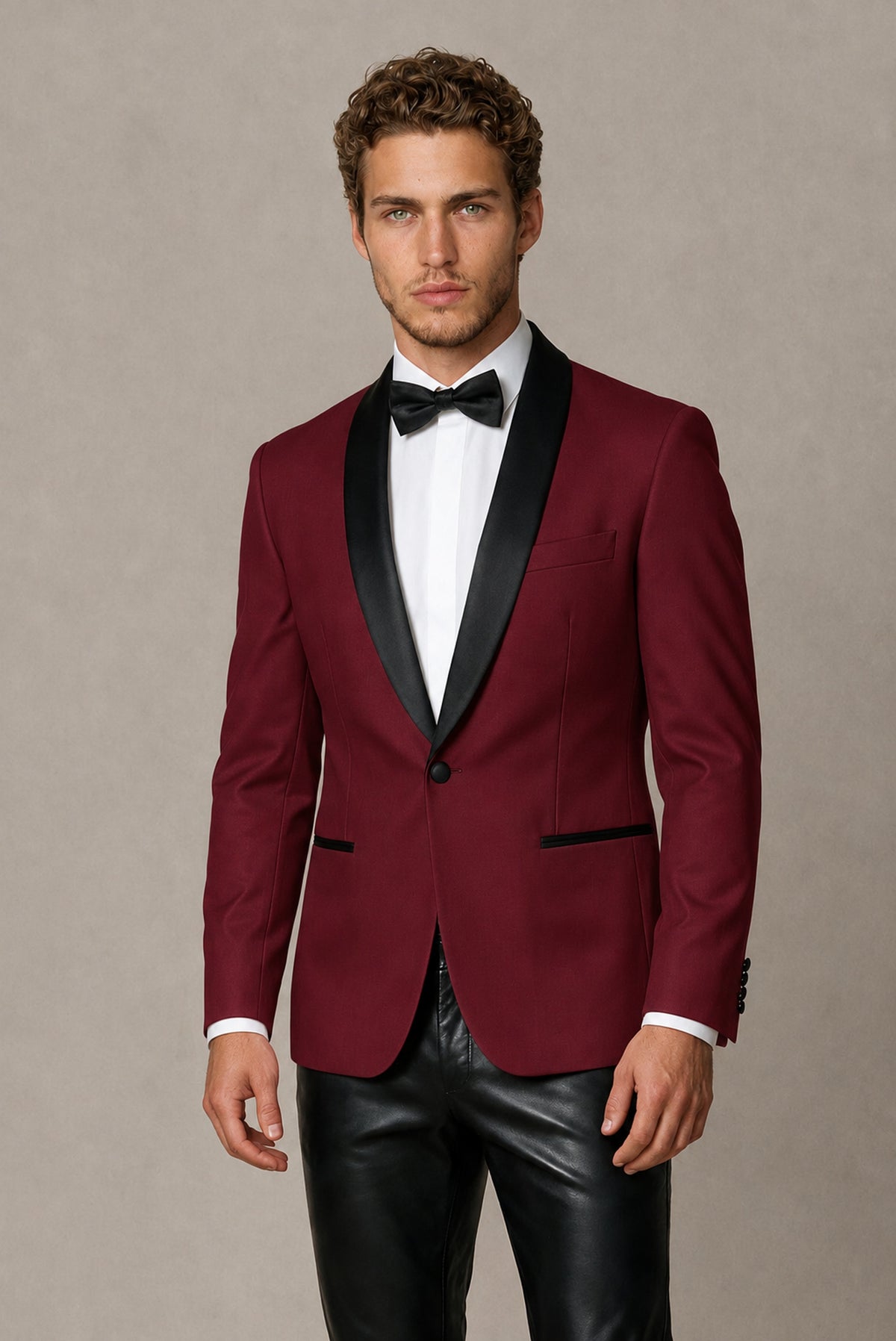 BOLODOO Men's Burgundy Tuxedo Blazer | Black Shawl Lapel Single-Breasted Formal Jacket - Burgundy