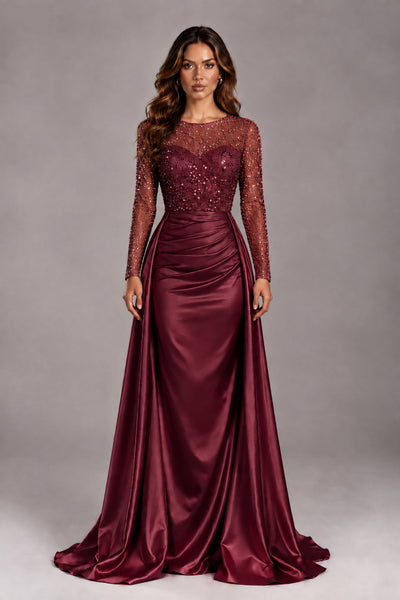 BOLODOO Burgundy Long Sleeve Embellished Satin Evening Gown with Sweep Train - Burgundy - Burgundy_1