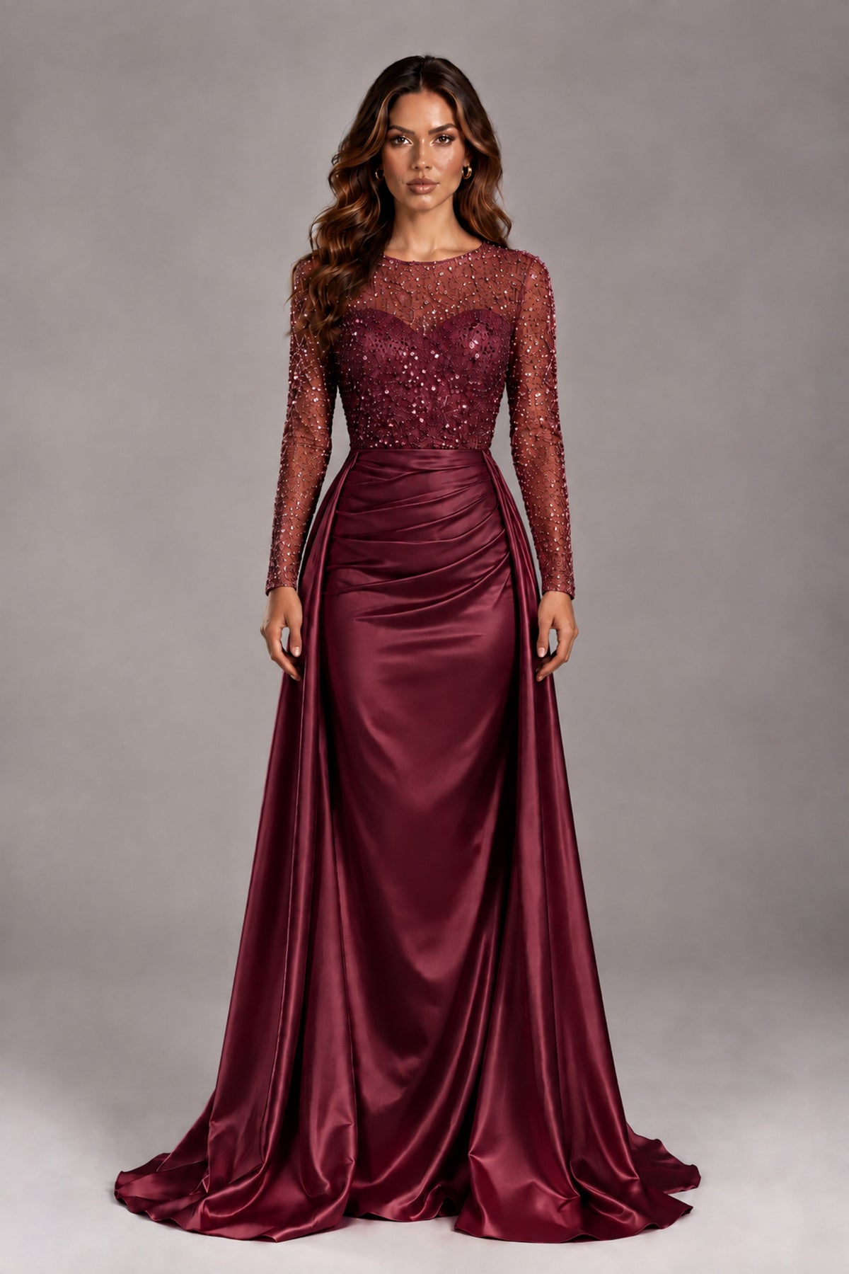 BOLODOO Burgundy Long Sleeve Embellished Satin Evening Gown with Sweep Train - Burgundy - Burgundy_1
