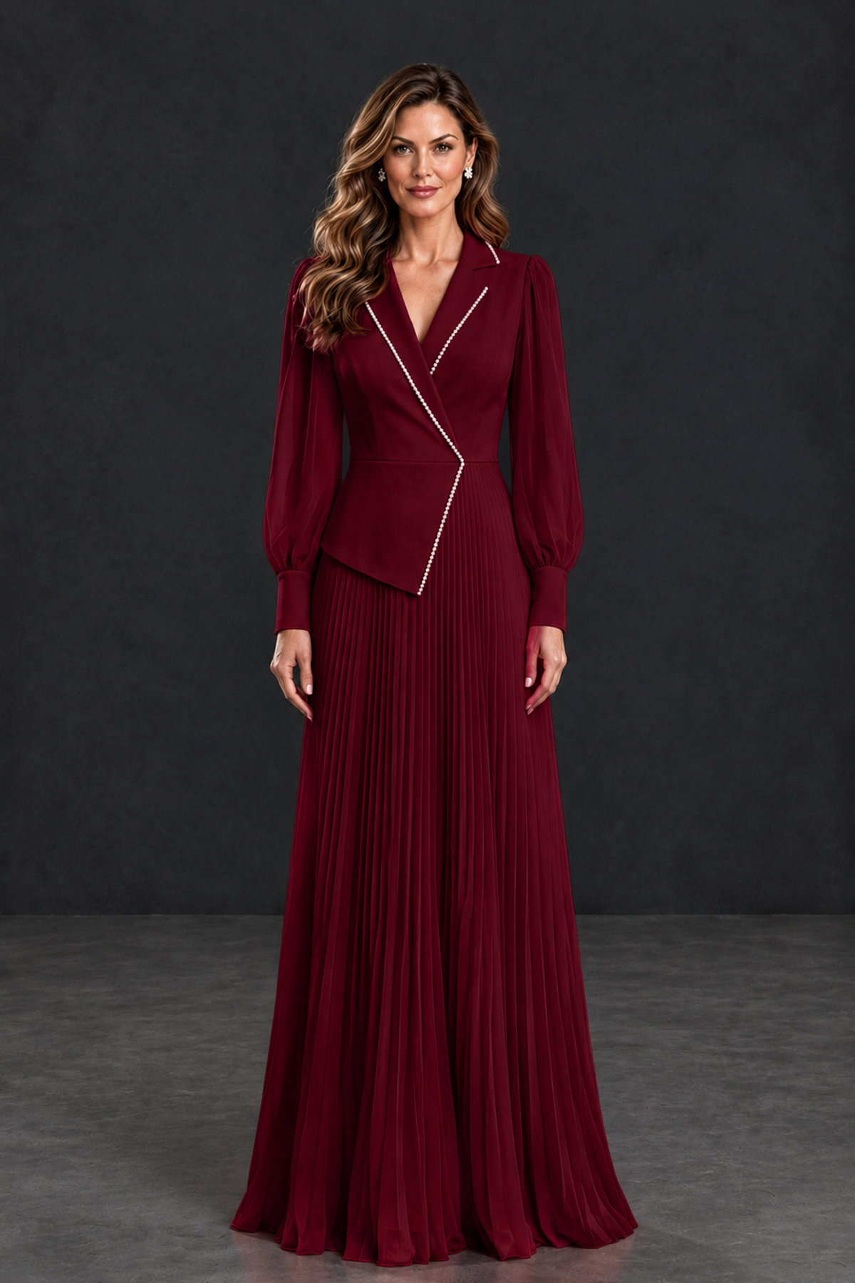 BOLODOO Burgundy Long Sleeve Pleated Mother of the Bride Dress - Burgundy - Burgundy_1