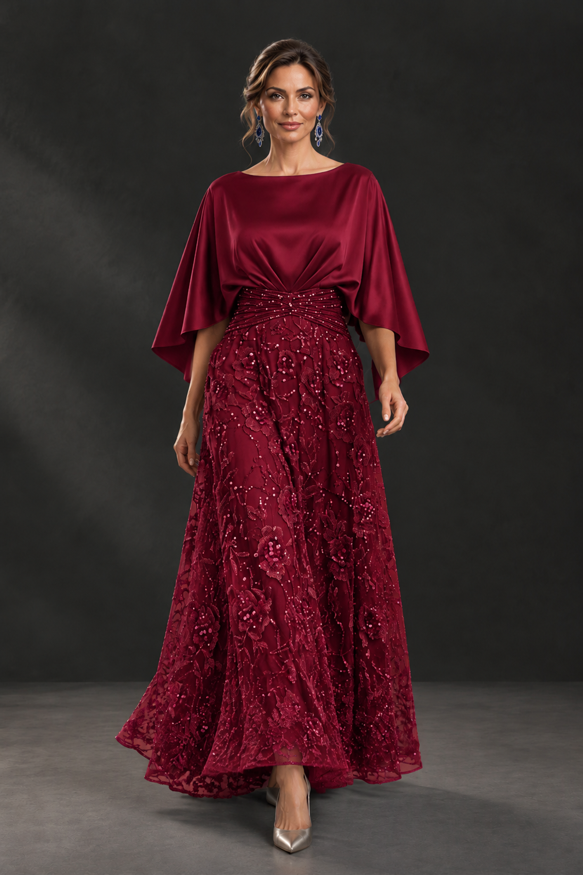 BOLODOO Burgundy Cape Sleeve Floral Mother of the Bride Dress - Burgundy - Burgundy_1
