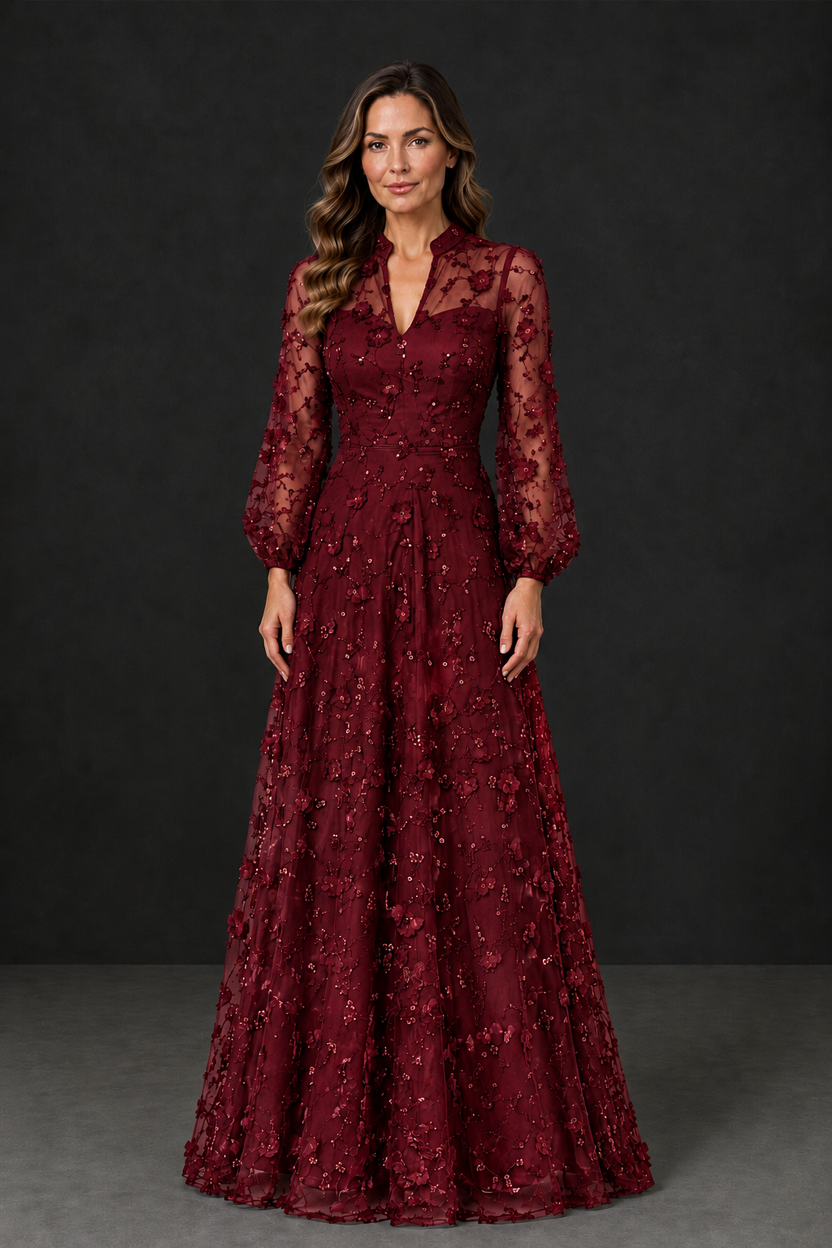 BOLODOO Burgundy Long Sleeve Floral Mother of the Bride Dress - Burgundy - Burgundy_1