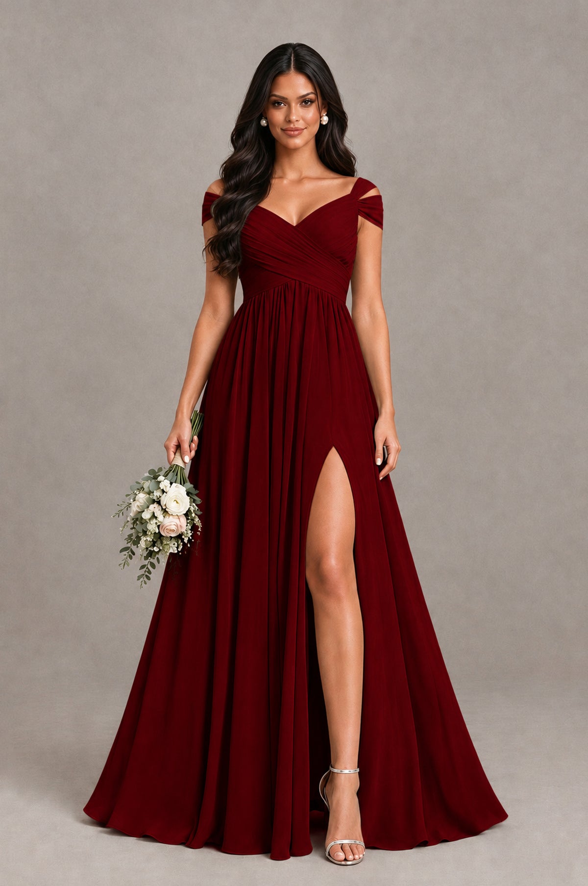 BOLODOO Burgundy Cold Shoulder Chiffon Evening Dress with V Neck and High Slit - Burgundy - Burgundy_1