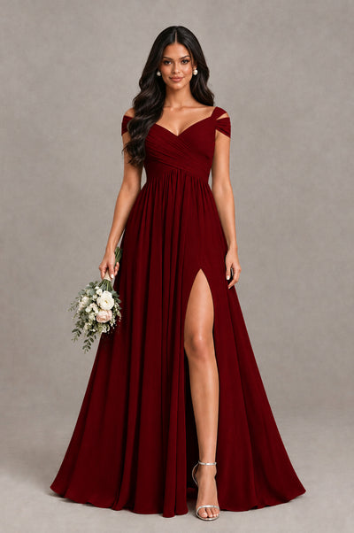 BOLODOO Burgundy Cold Shoulder Chiffon Evening Dress with V Neck and High Slit - Burgundy - Burgundy_1