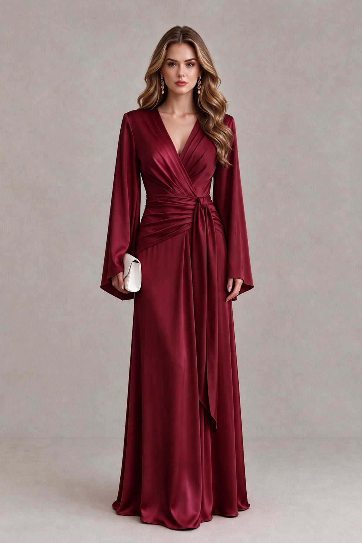 BOLODOO Burgundy Yellow Satin-Look V-Neck Long Bell Sleeve Evening Dress - Burgundy - Burgundy_1