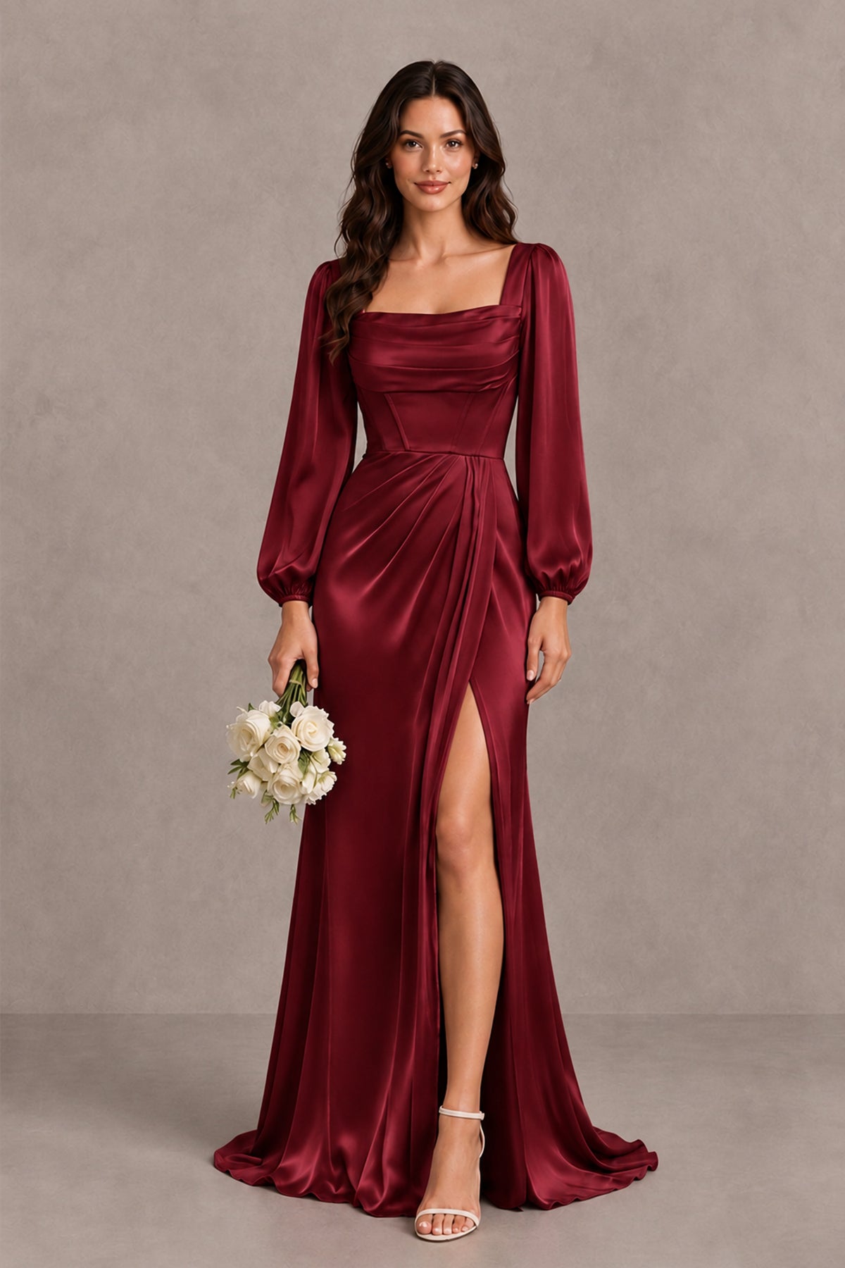 BOLODOO Burgundy Satin-Look Long Sleeve Evening Dress with High Slit - Burgundy - Burgundy_1