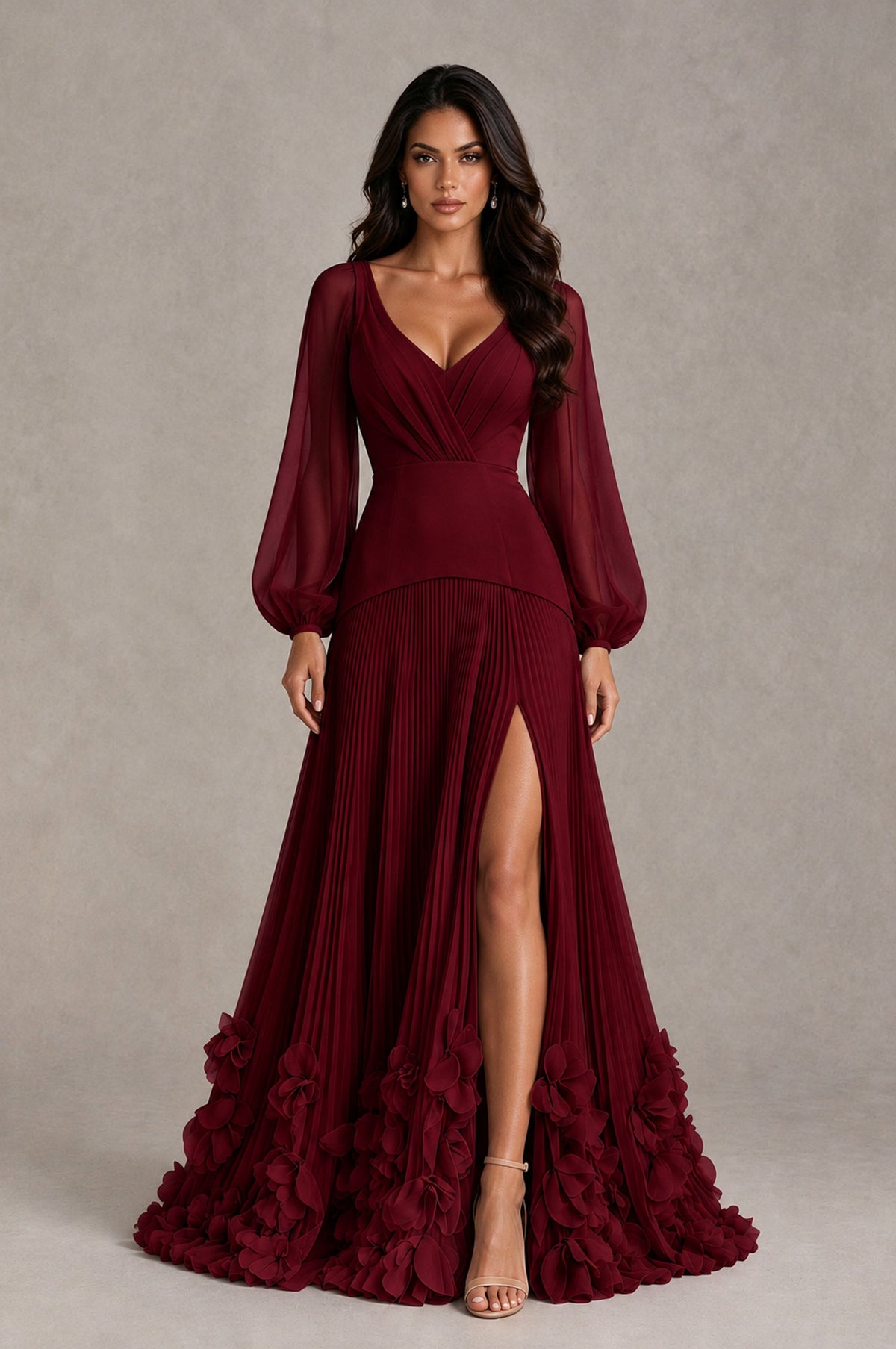 BOLODOO Burgundy V-Neck Long Sleeve Pleated Floral Hem Evening Dress - Burgundy - Burgundy_1