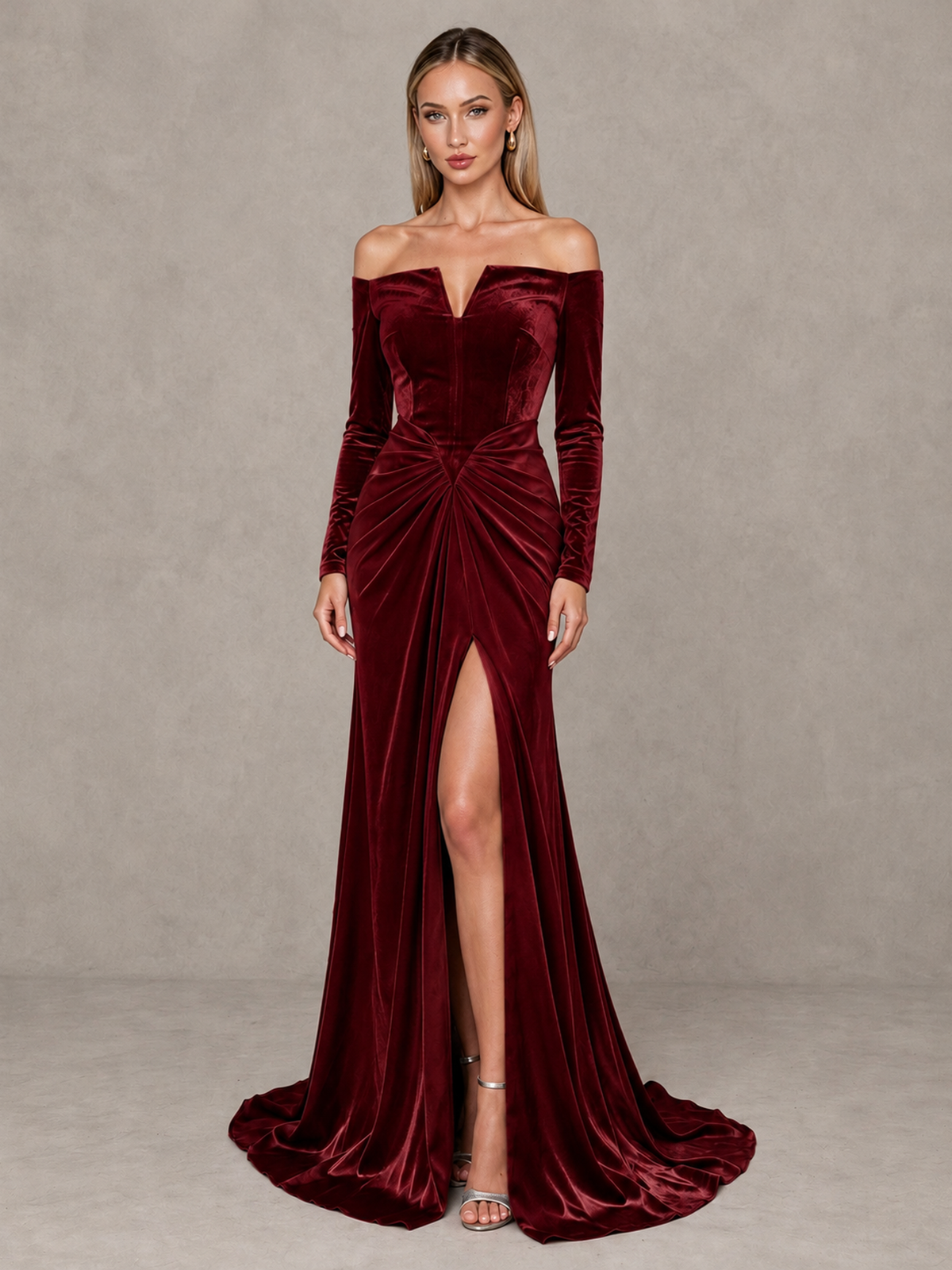 BOLODOO Burgundy Off-Shoulder Velvet Evening Gown with High Slit - Burgundy - Burgundy_1