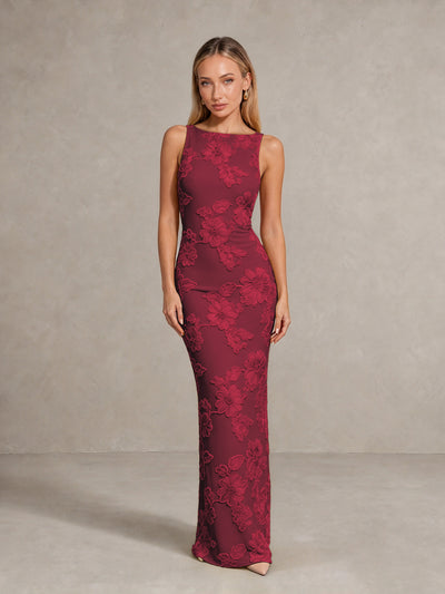 BOLODOO Burgundy Floral Sleeveless Maxi Wedding Guest Dress - Burgundy - Burgundy(1)