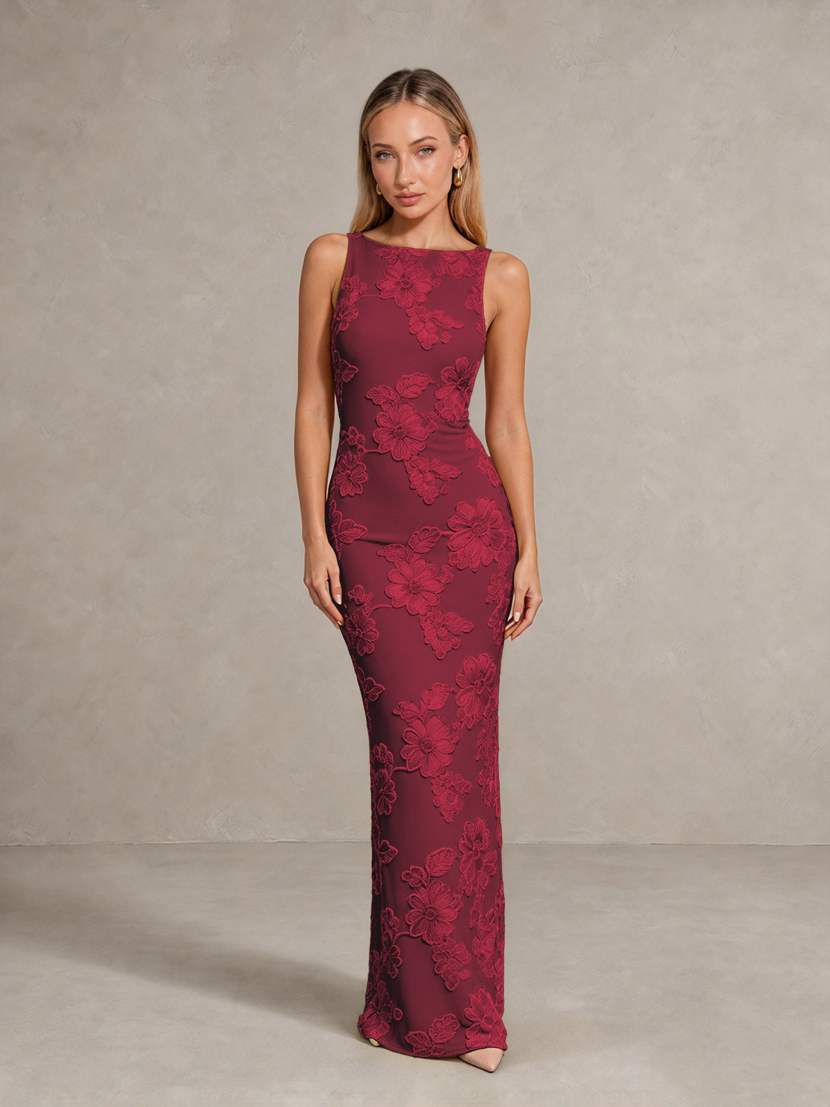 BOLODOO Burgundy Floral Sleeveless Maxi Wedding Guest Dress - Burgundy - Burgundy(1)