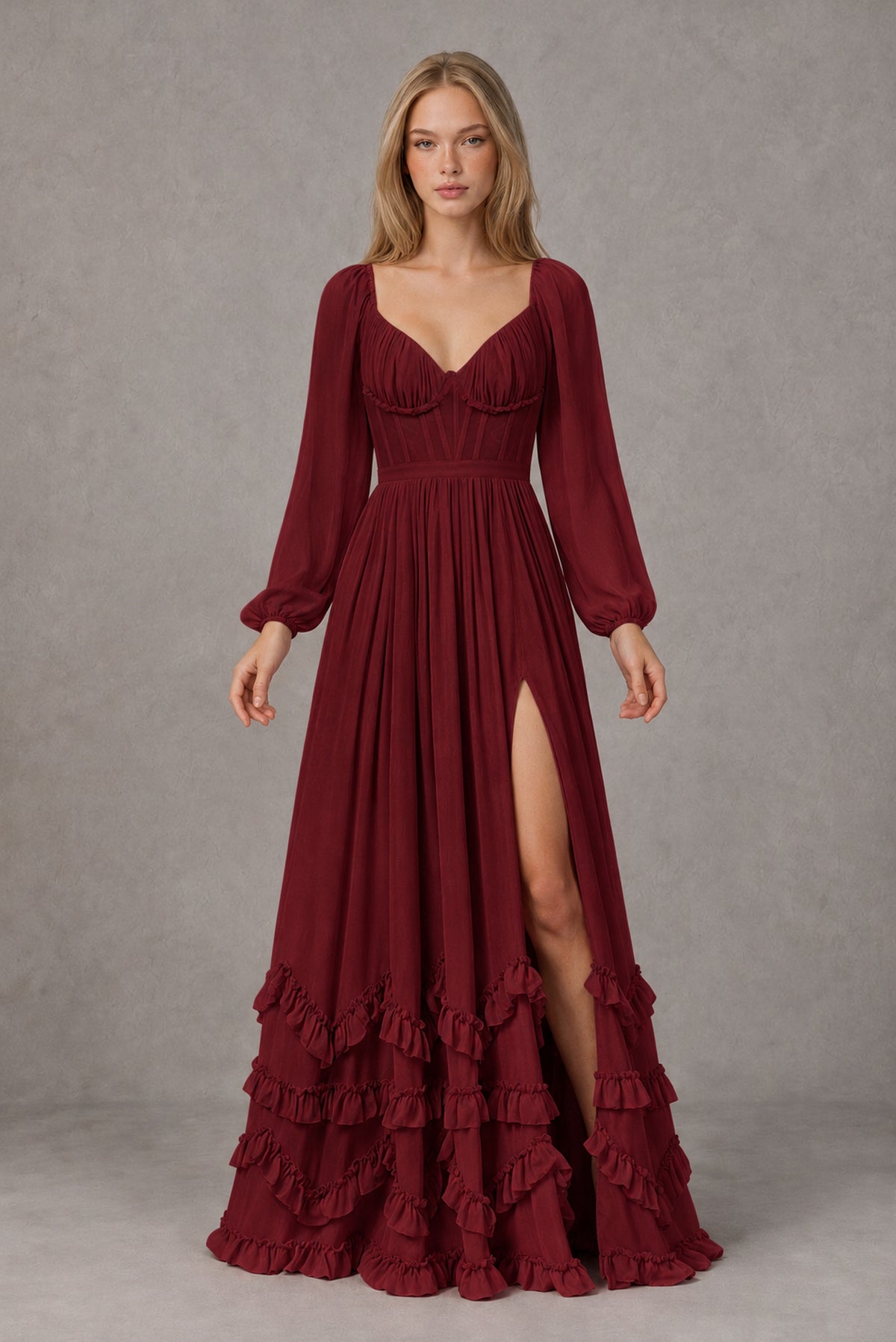 Burgundy Long-Sleeve Ruffle Maxi Dress with Lace-Up Back and Slit - Burgundy