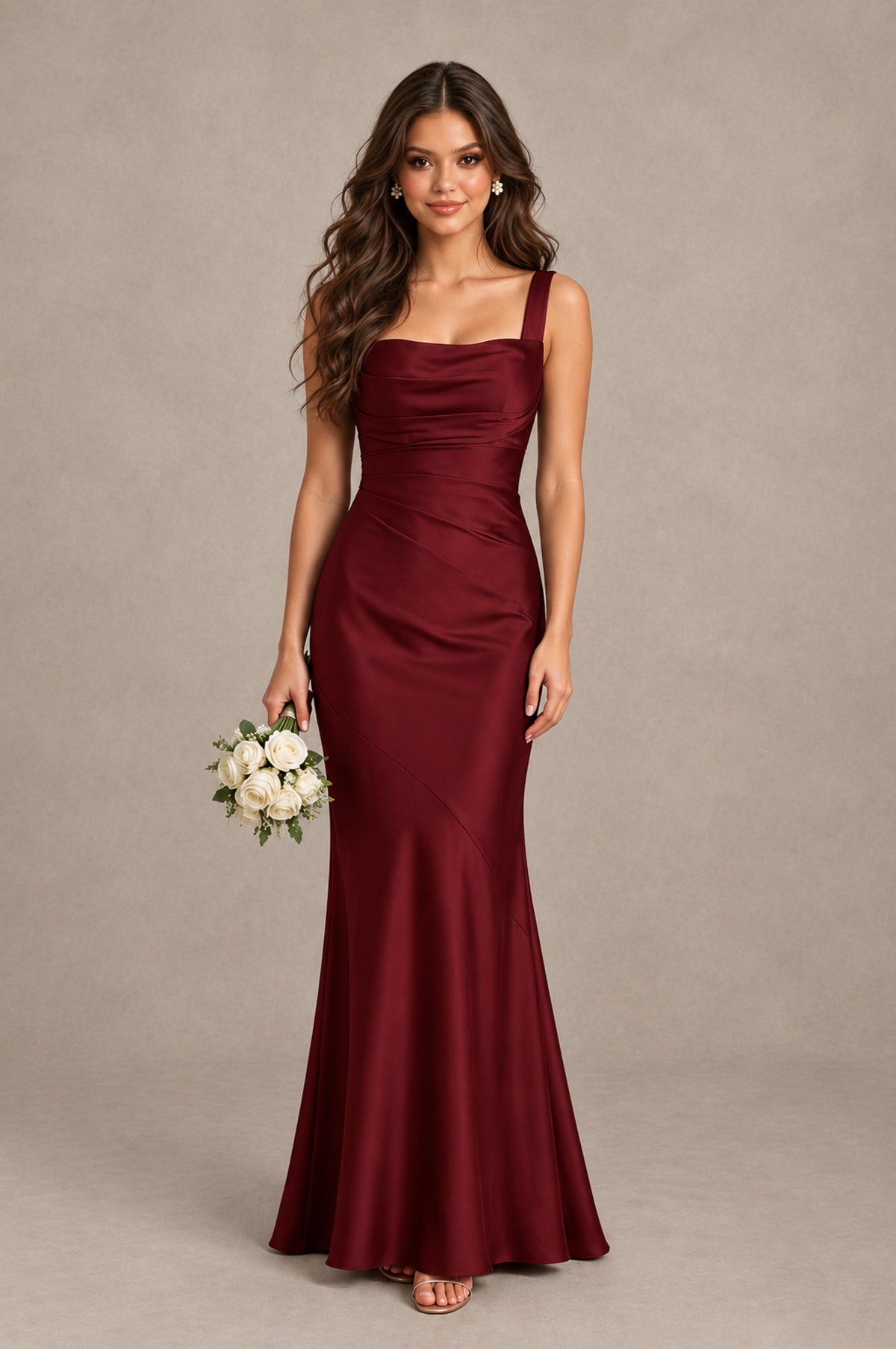 BOLODOO Burgundy Square Neck Ruched Satin Lace-Up Bridesmaid Dress - Burgundy - Burgundy_1
