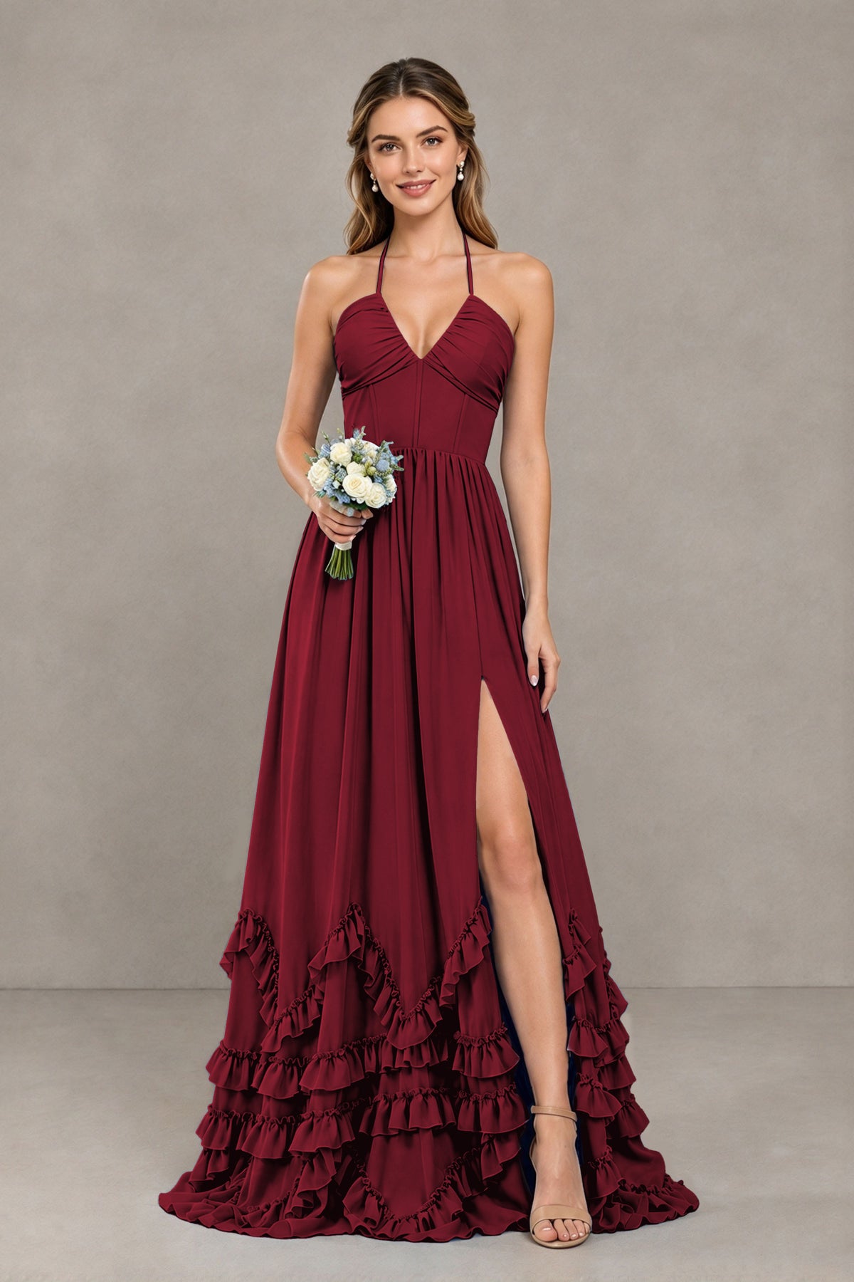 BOLODOO Burgundy Halter Ruffle Hem A-Line Bridesmaid Dress with High Slit - Burgundy - Burgundy(1)