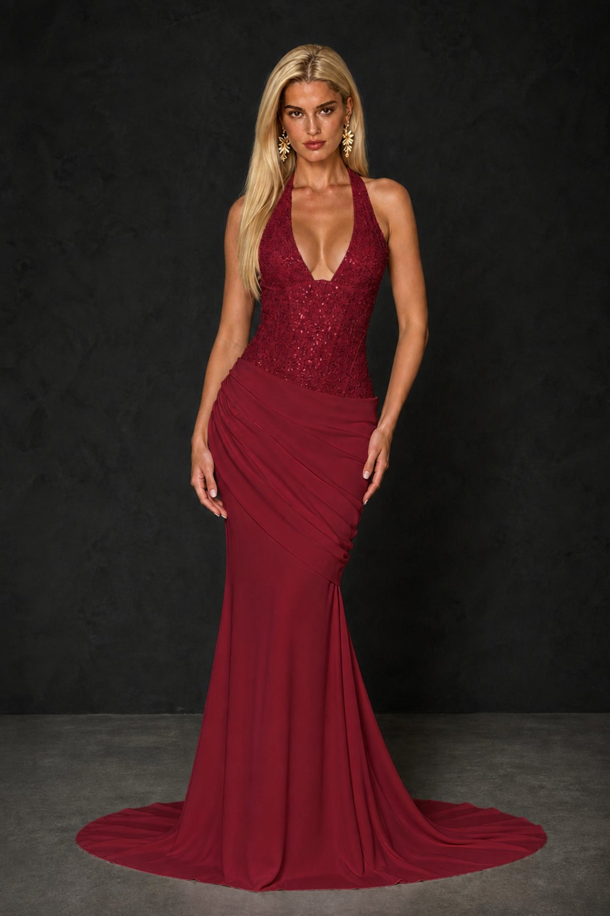 BOLODOO Burgundy Halter Mermaid Gown – Deep V Open Back Sequin Formal Evening Dress with Train - Burgundy
