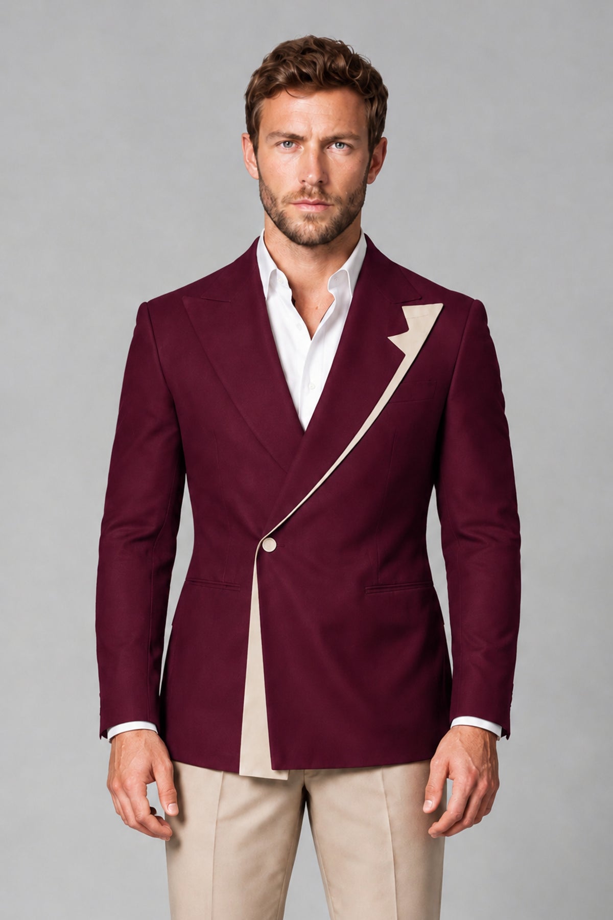 BOLODOO Men's Burgundy Double-Breasted Blazer & Khaki Trousers Tuxedo 2-Piece Suit Set - Burgundy - Burgundy_1