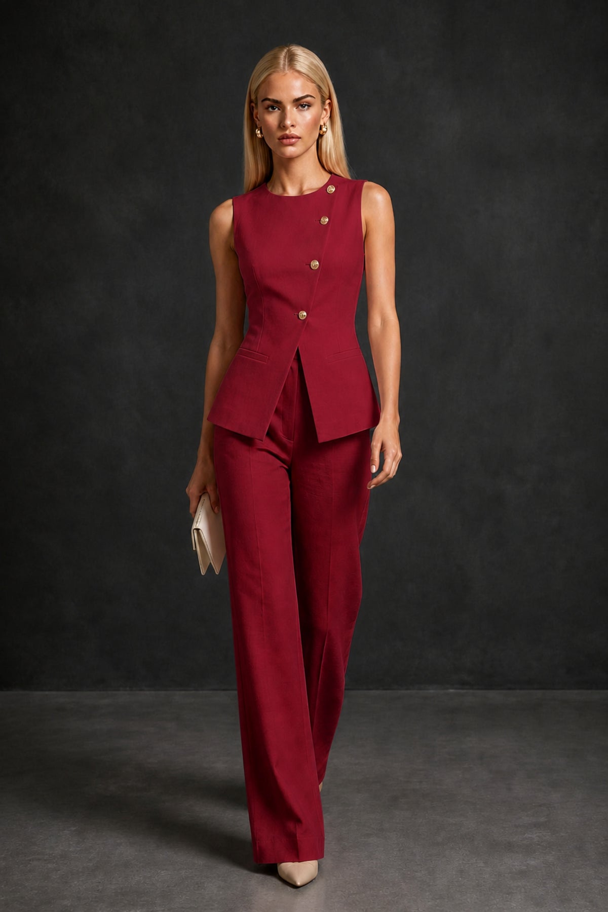 BOLODOO Burgundy Sleeveless Vest Top & Wide-Leg Trousers Two-Piece Suit Set – Burgundy Button Asymmetric Formal Set - Burgundy