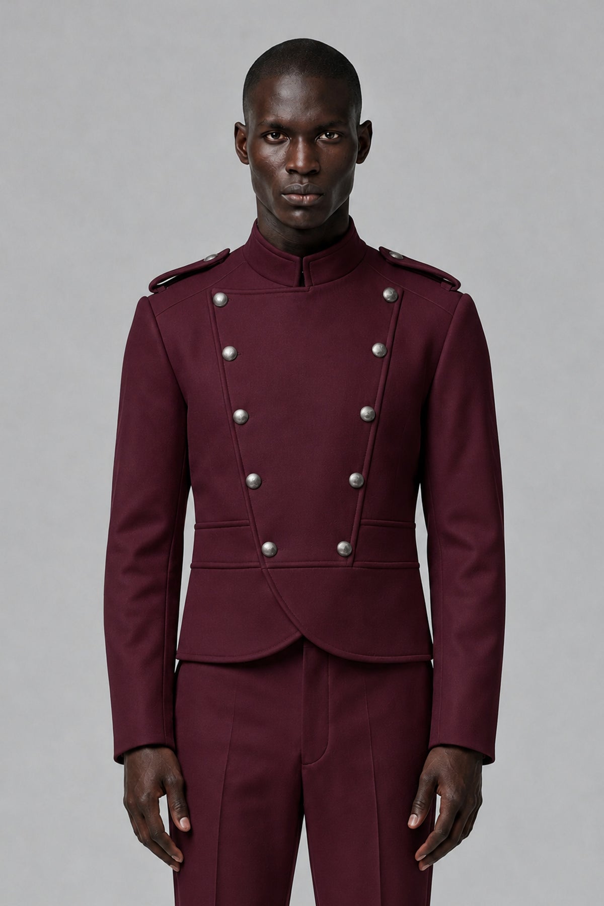 Bolodoo Men's Burgundy Military-Inspired Two-Piece Suit with Stand Collar - Burgundy - Burgundy_1