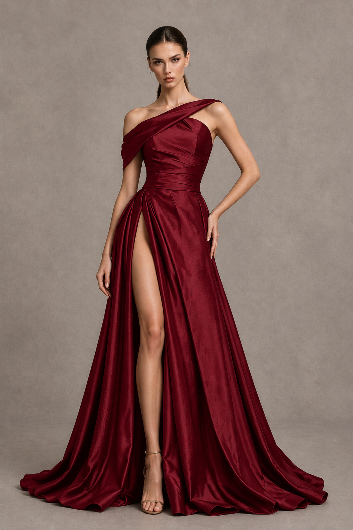 BOLODOO Burgundy Asymmetric Satin-Look A-Line Prom Dress with High Slit - Burgundy - Burgundy_1