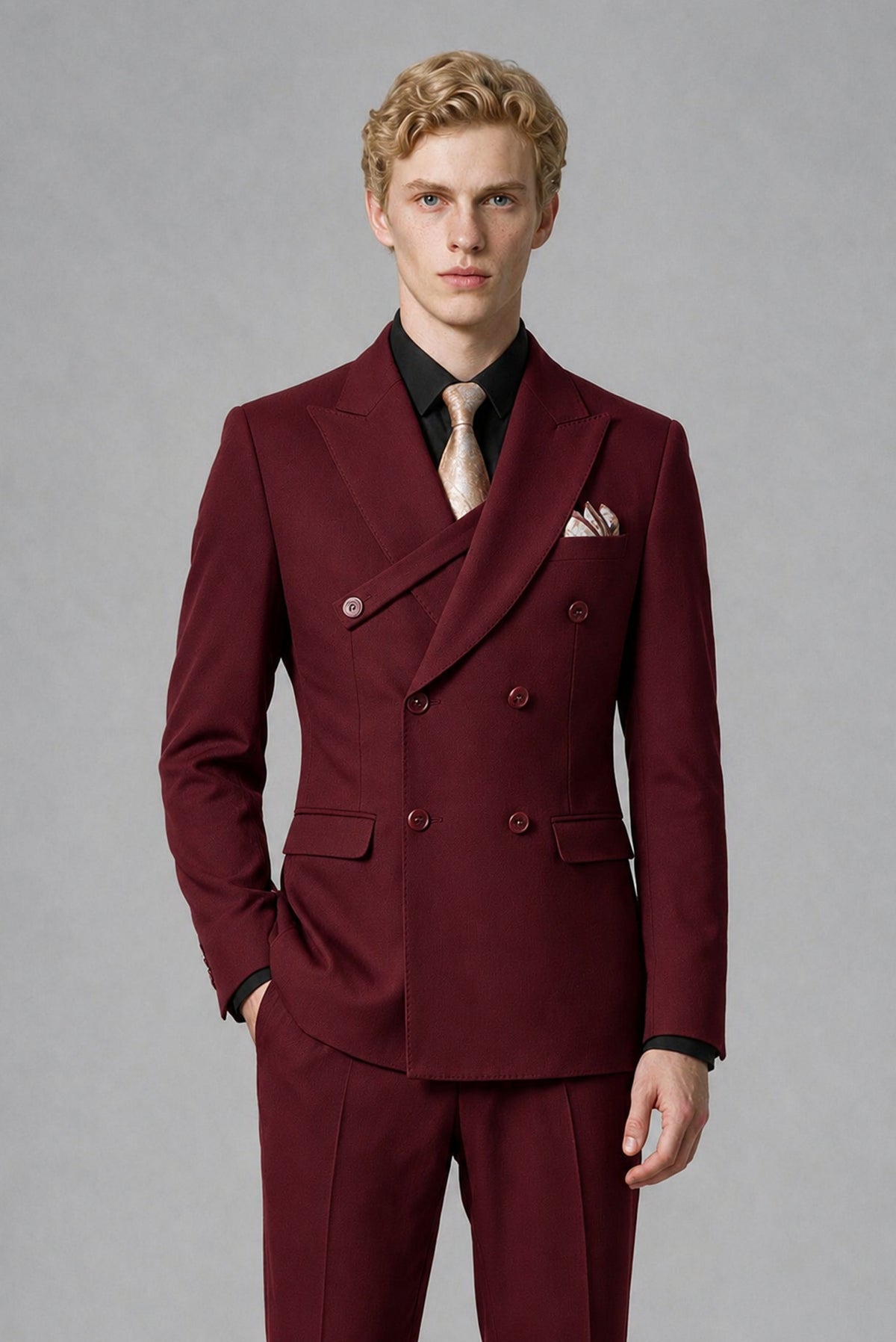 BOLODOO Men's Burgundy Double-Breasted Two-Piece Suit – Jacket & Trousers - Burgundy