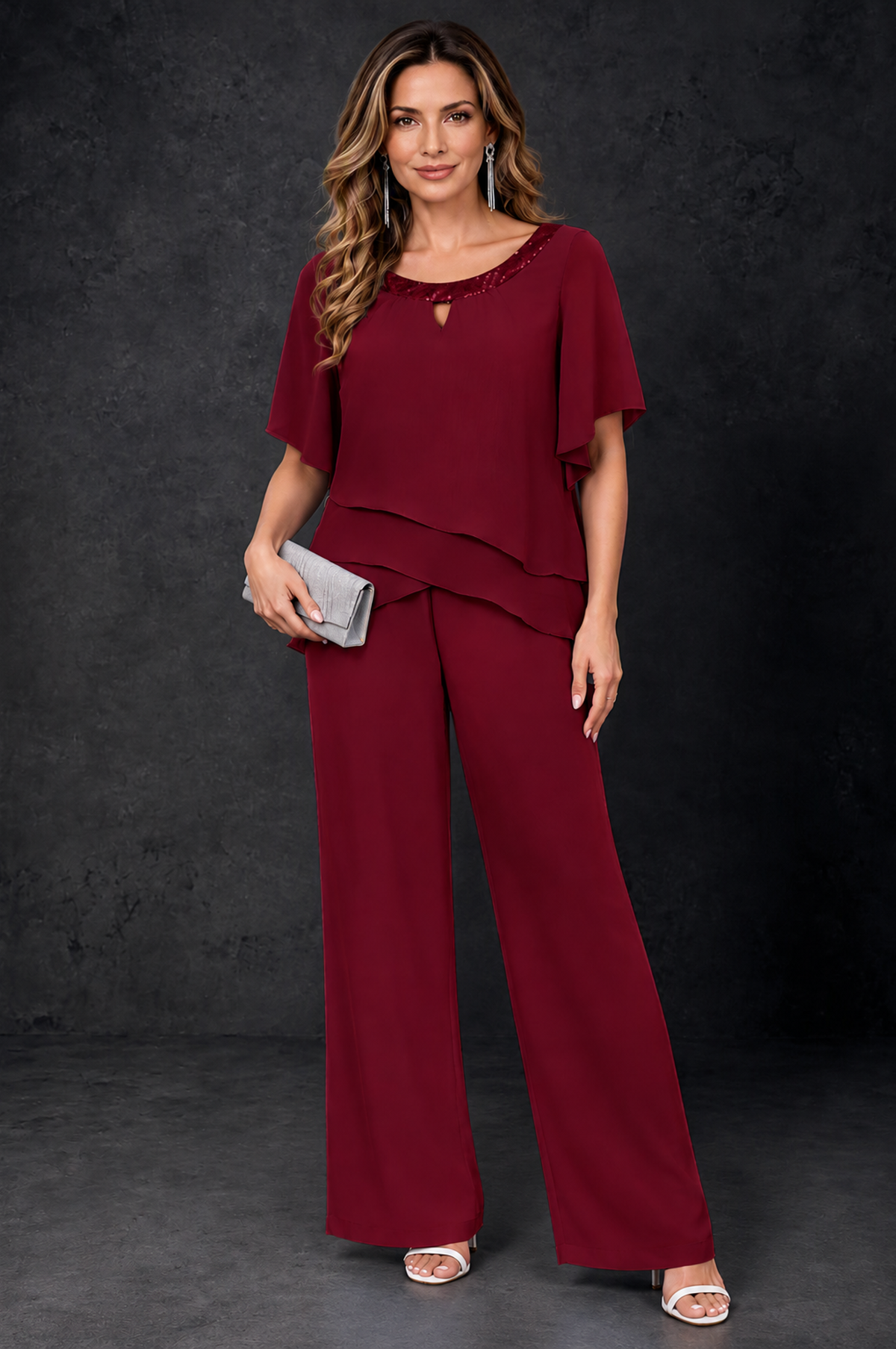 BOLODOO Burgundy Layered Chiffon-Look Mother of the Bride Pantsuit - Burgundy - Burgundy_1