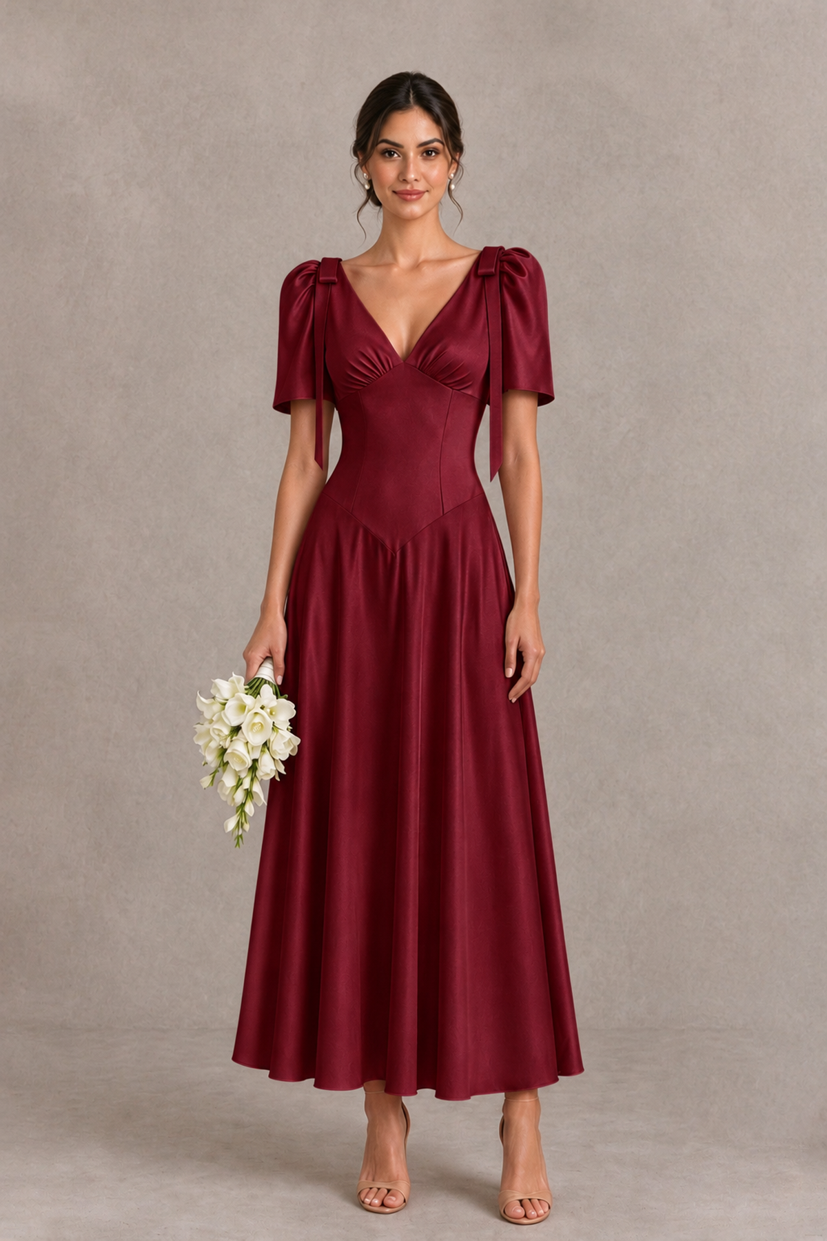 BOLODOO Burgundy V-Neck Short Sleeve Satin-Look Bridesmaid Dress with Shoulder Bows - Burgundy - Burgundy_1