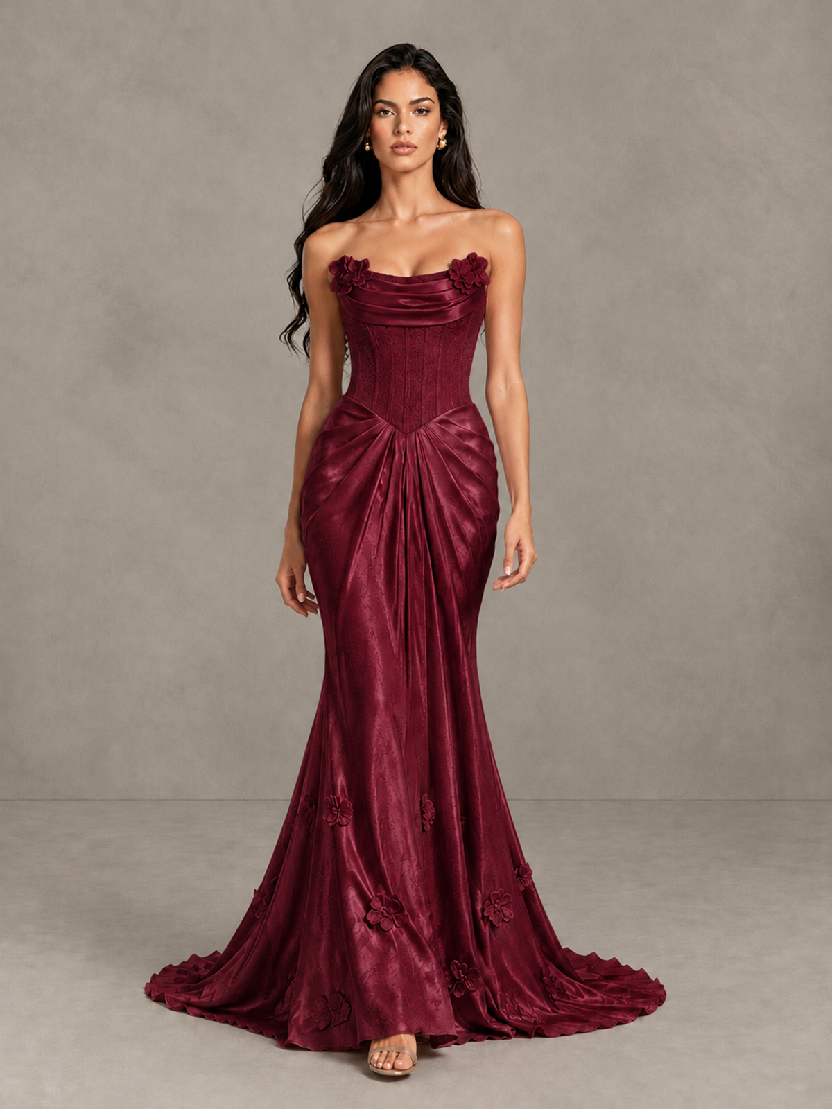 BOLODOO Burgundy Strapless Floral Corset Evening Gown with Train - Burgundy - Burgundy_1