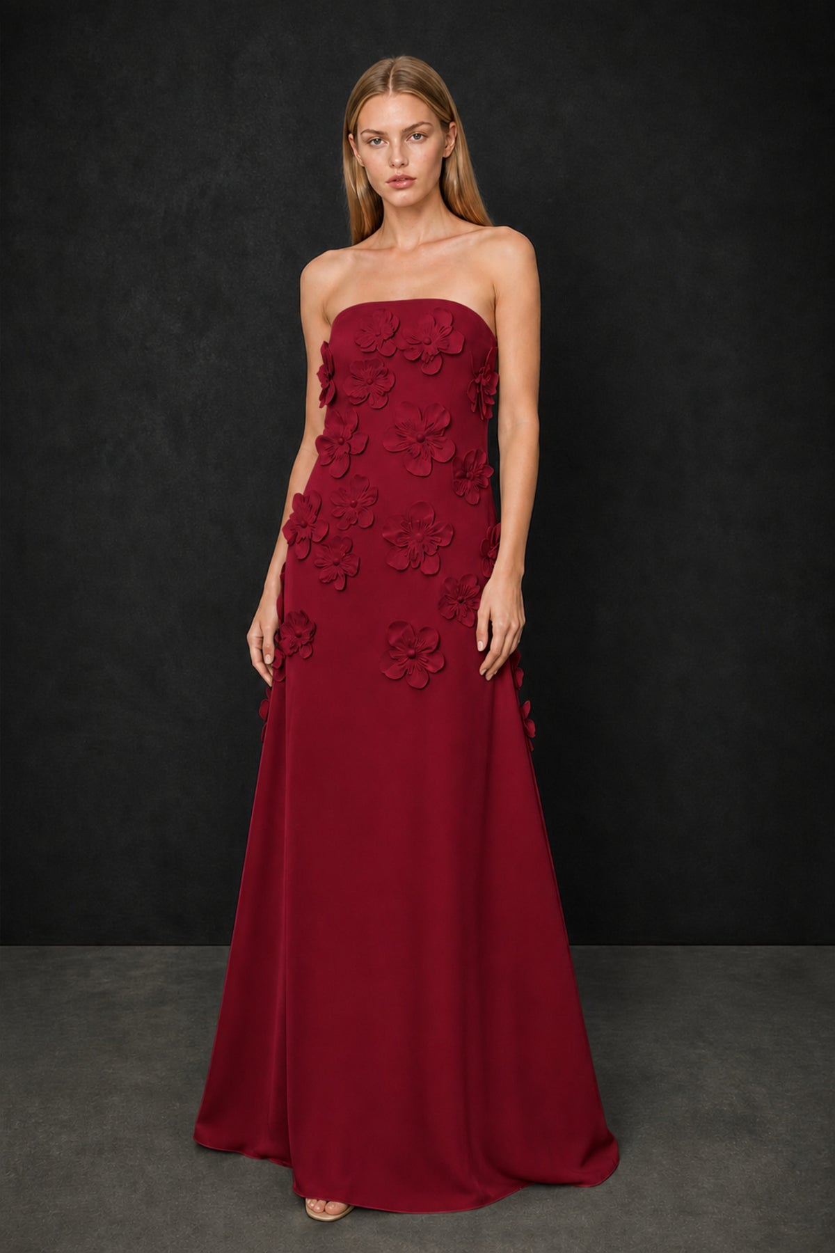 BOLODOO Burgundy Strapless 3D Floral Appliqué Crepe Mermaid Maxi Gown - Burgundy