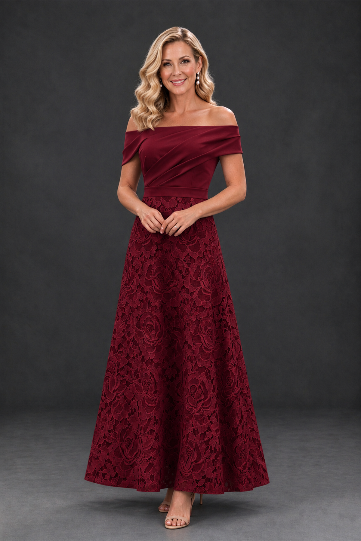 BOLODOO Burgundy Off-the-Shoulder Floral A-Line Mother of the Bride Dress - Burgundy - Burgundy_1