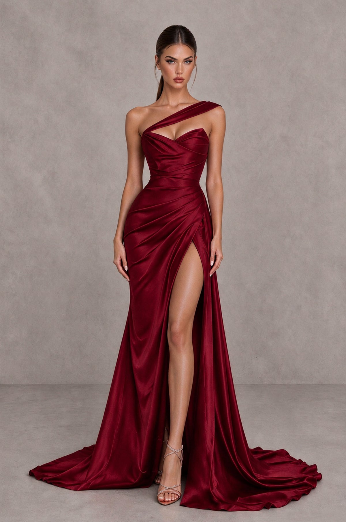 BOLODOO Burgundy One Shoulder Satin Mermaid Evening Dress with Ruched Slit Skirt - Burgundy - Burgundy_1