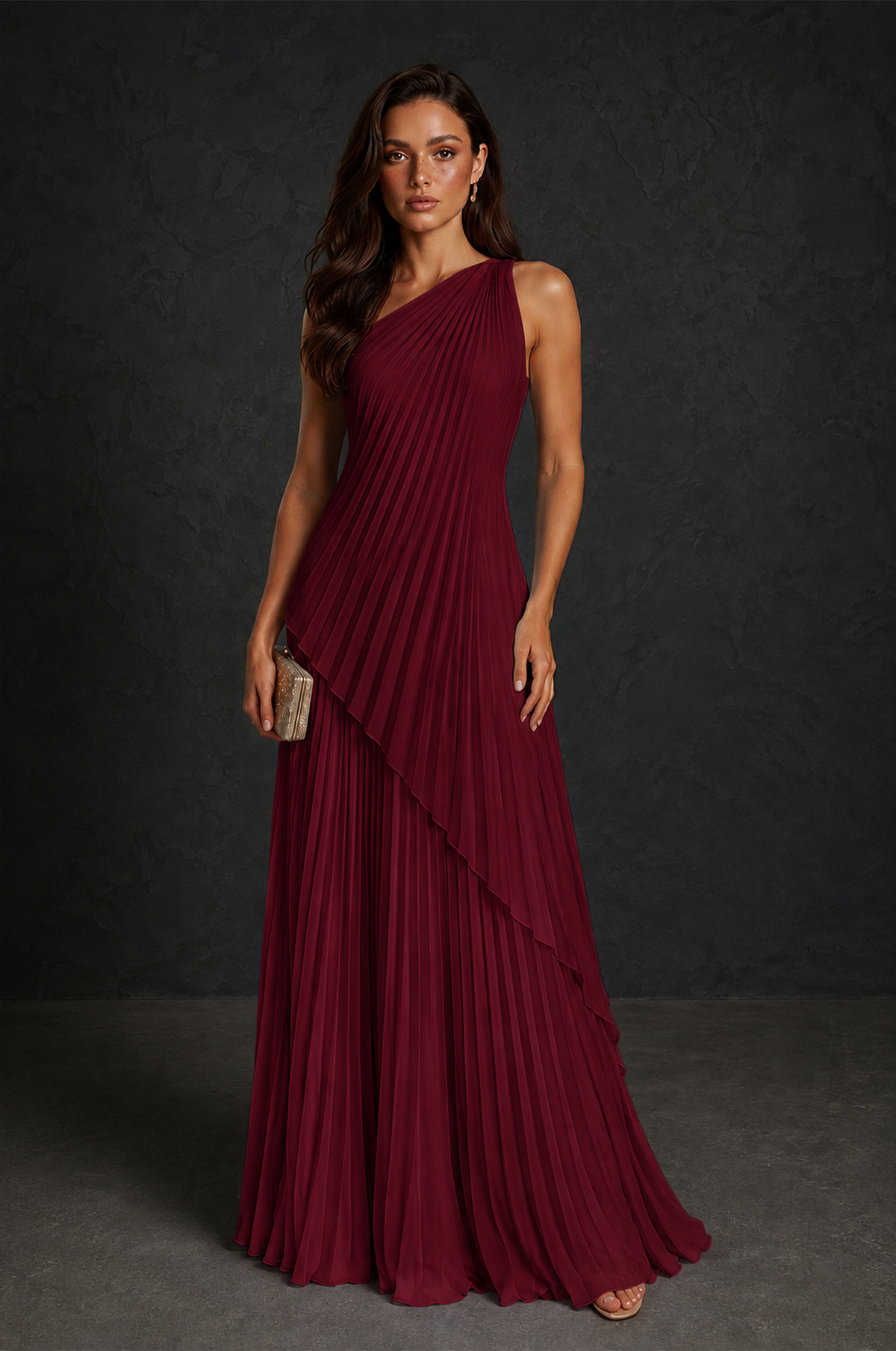 BOLODOO Burgundy One-Shoulder Sunburst Pleated Asymmetric Layered Overlay Accordion Pleated Chiffon Maxi Dress - Burgundy