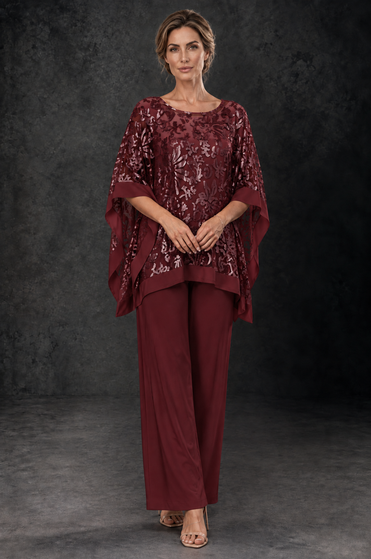 BOLODOO Burgundy Floral Cape Mother of the Bride Pant Suit - Burgundy - Burgundy_1