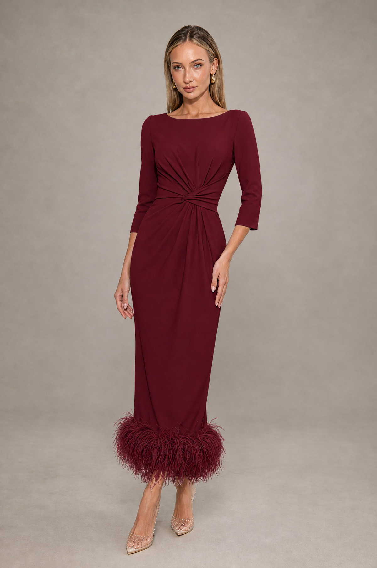 BOLODOO Burgundy Feather-Trim Twist-Waist Midi Dress - Burgundy - Burgundy_1