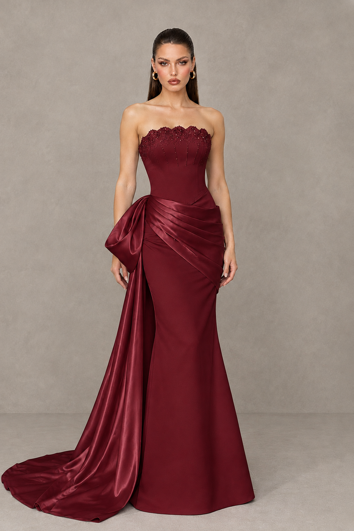 BOLODOO Burgundy Strapless Satin Prom Dress with Draped Side Train - Burgundy - Burgundy_1