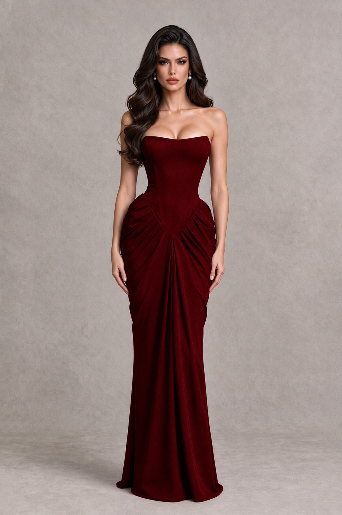 BOLODOO Burgundy Strapless Ruched Corset Evening Gown - Burgundy - Burgundy_1