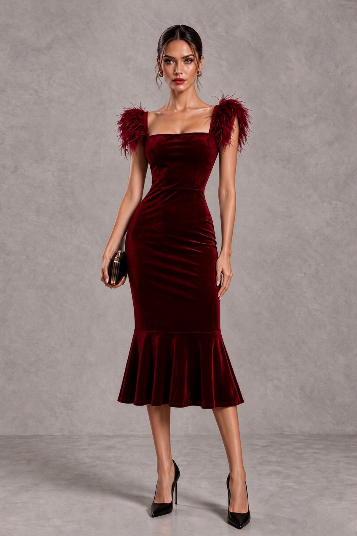 BOLODOO Burgundy Feather-Trim Velvet-Look Mermaid Midi Dress - Burgundy - Burgundy_1