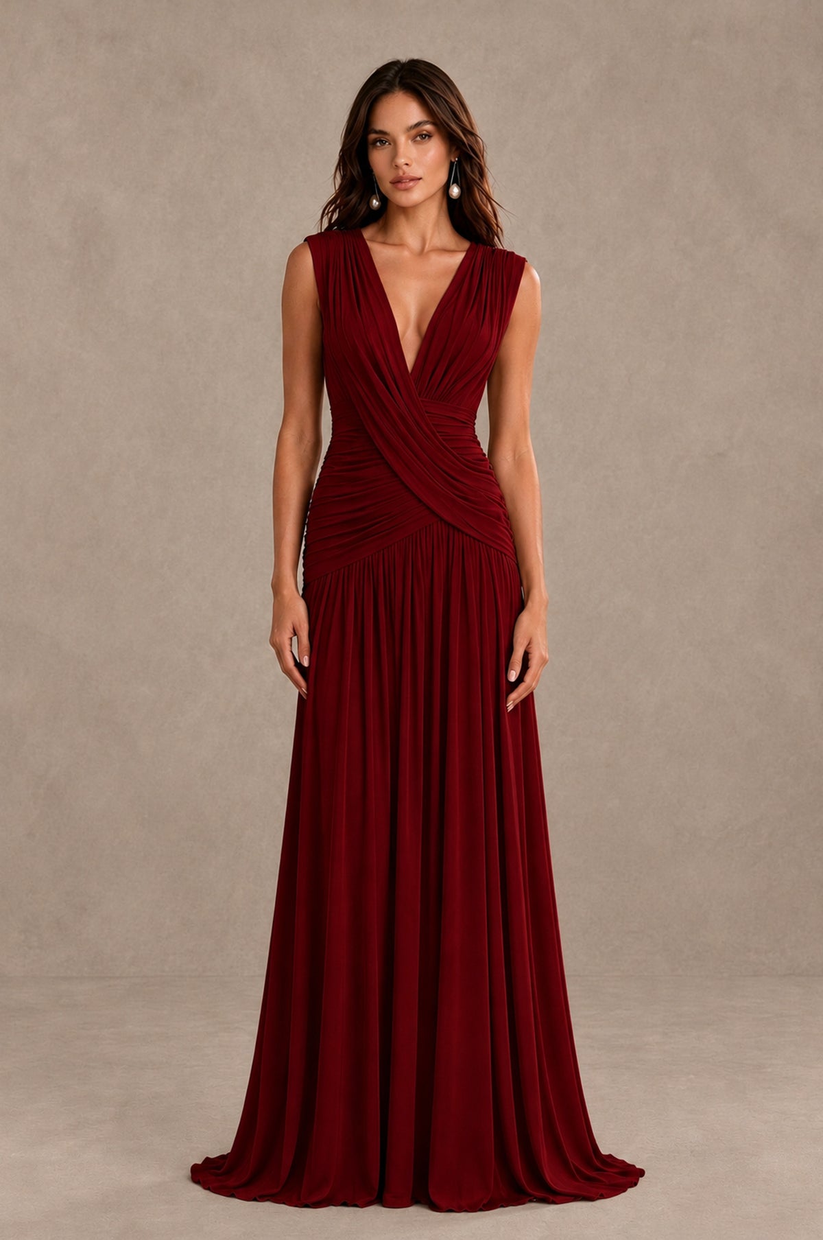 BOLODOO Burgundy V-Neck Ruched Wedding Guest Dress - Burgundy - Burgundy_1