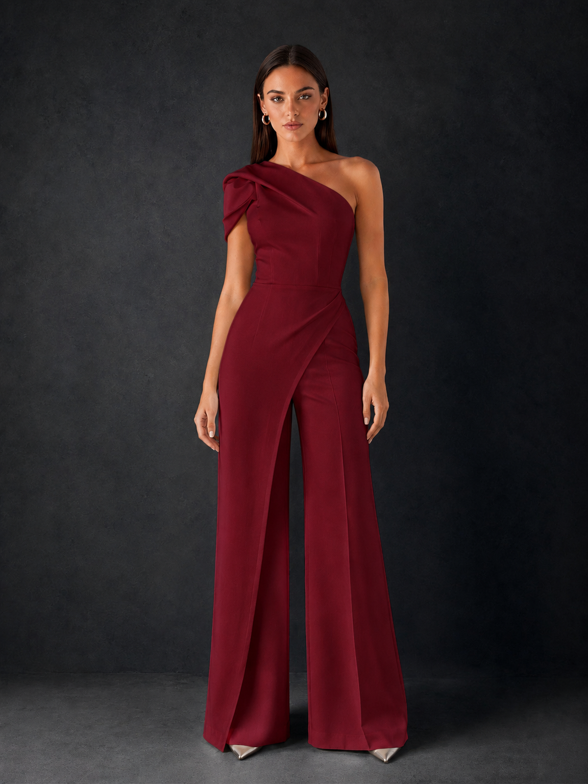 BOLODOO Burgundy One-Shoulder Puff Sleeve Wide-Leg Jumpsuit with Front Slit and Open Back - Burgundy