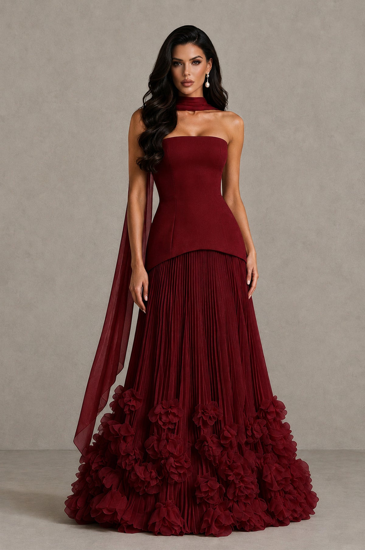 BOLODOO Burgundy Strapless Pleated Floral Hem Evening Gown - Burgundy - Burgundy_1